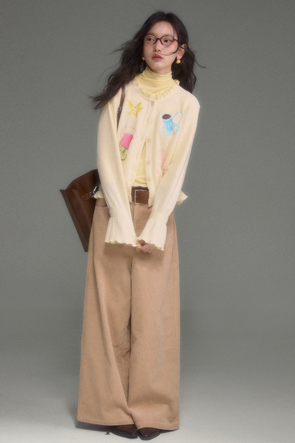 Hand-Painted Embroidered Bell-Sleeve Knit Cardigan