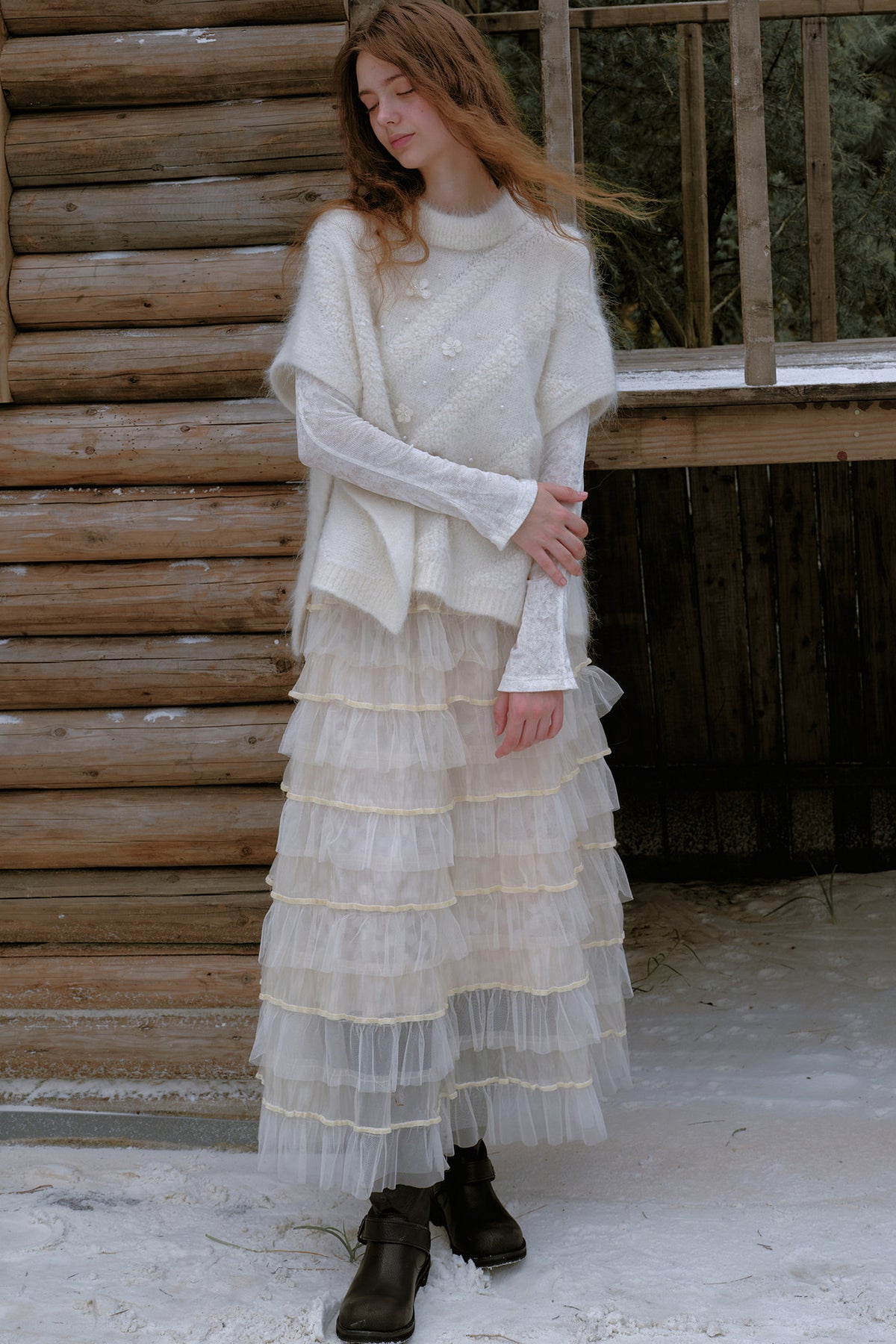 Mesh Velvet Layered Chiffon Skirt