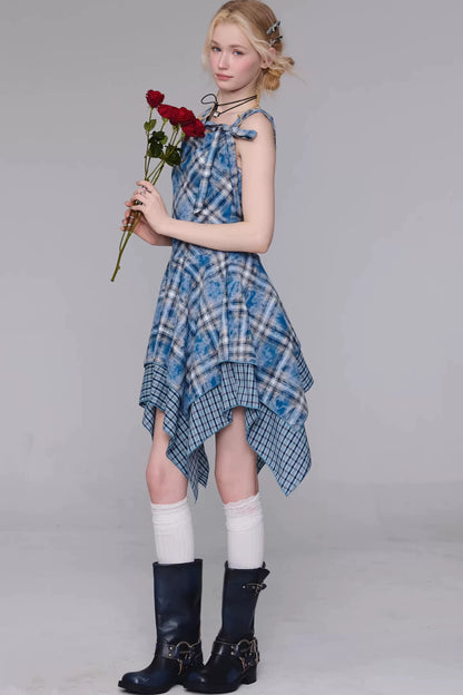 Irregular Blue Plaid Camisole Dress