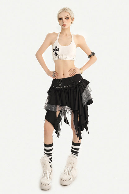 White Cross Print Studded Halter Top