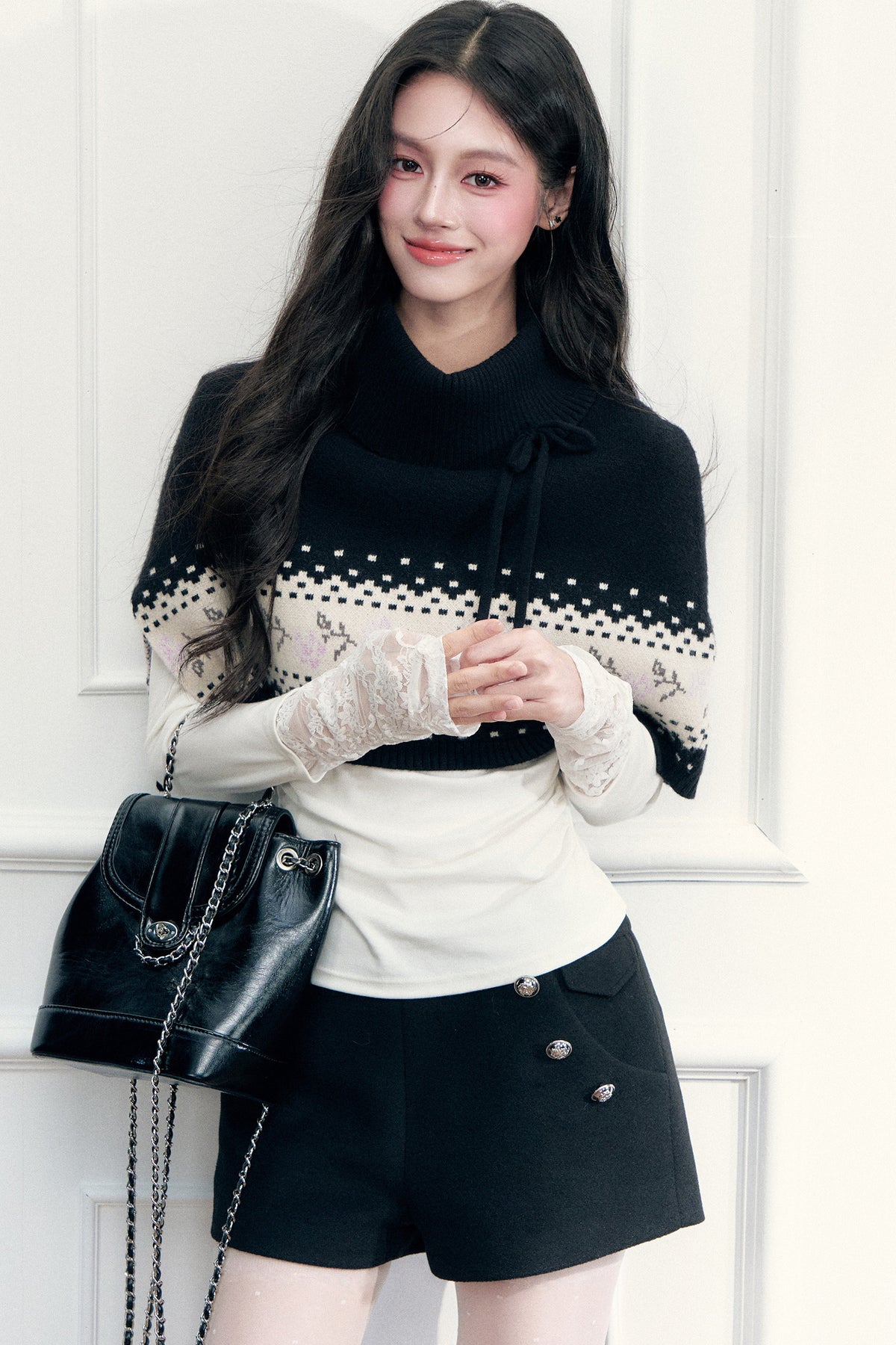 Mantella scialle Fair Isle con lacci