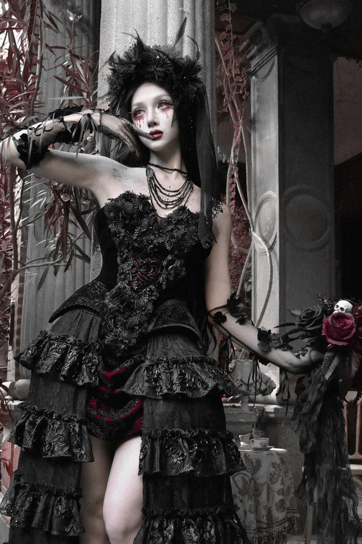 Ensemble blouse corset gothique en velours cramoisi