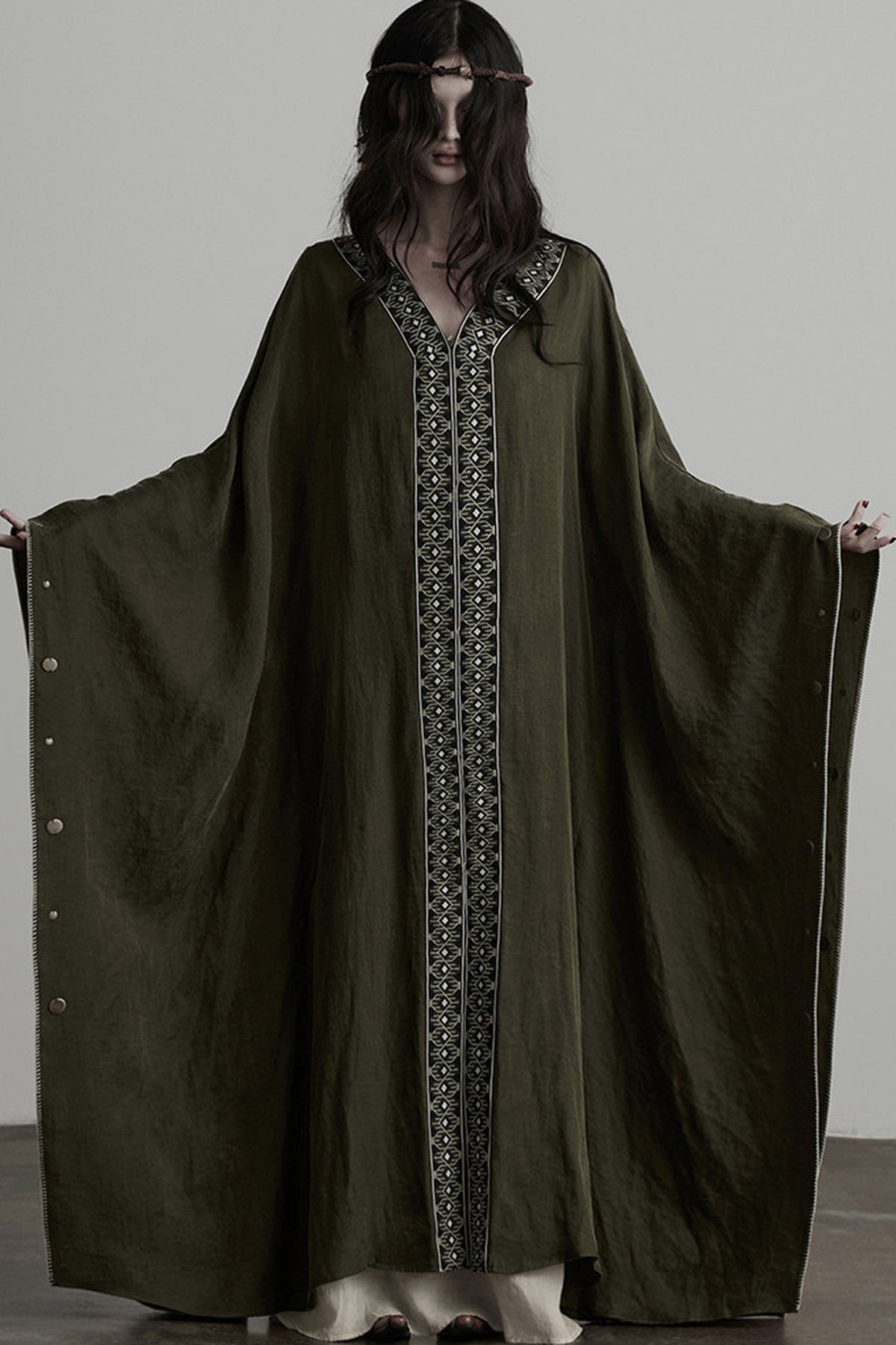 Dark Forest Green Embroidered Detachable Hood Cape