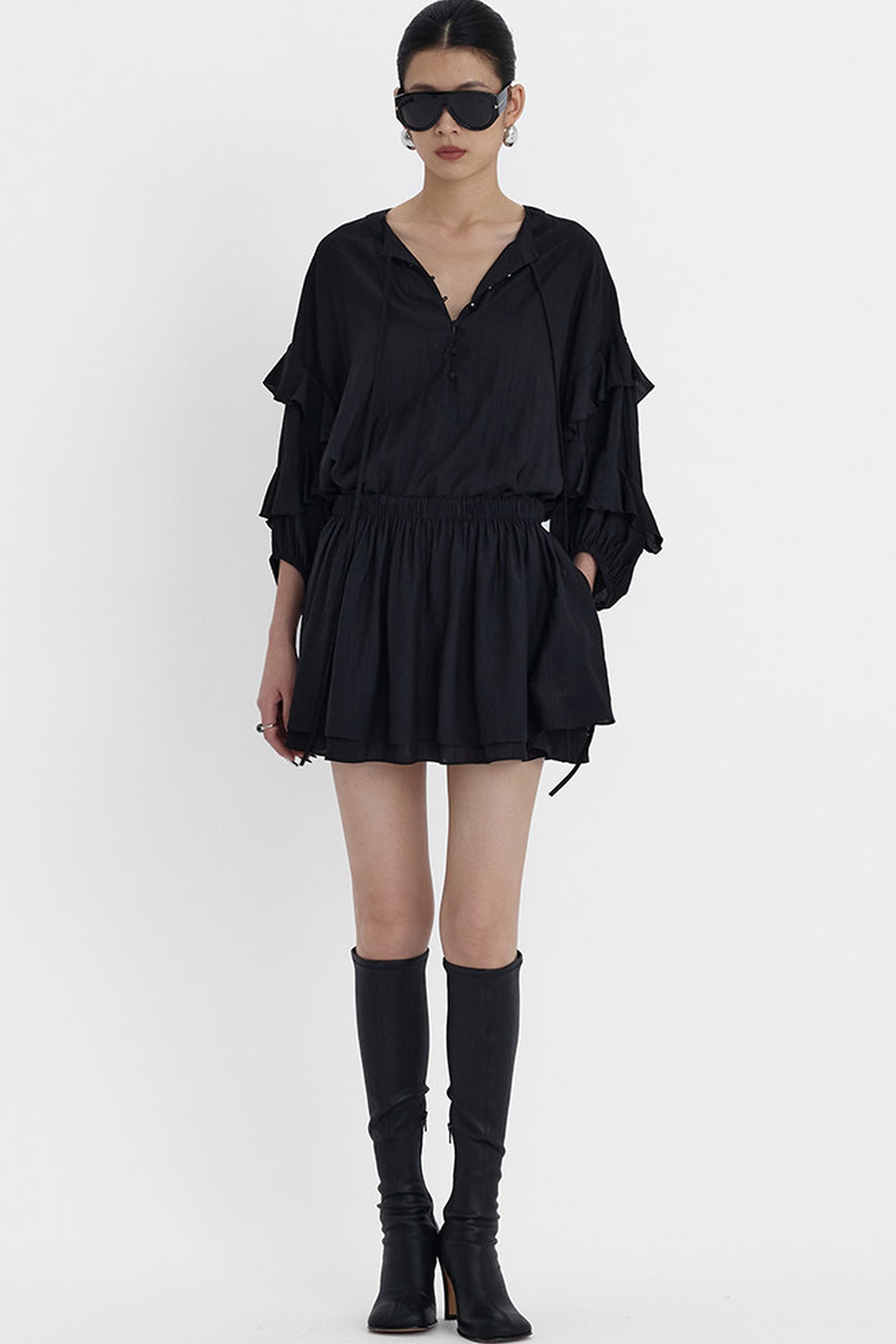 Black V-Neck Ruffle Lantern Sleeve Dress