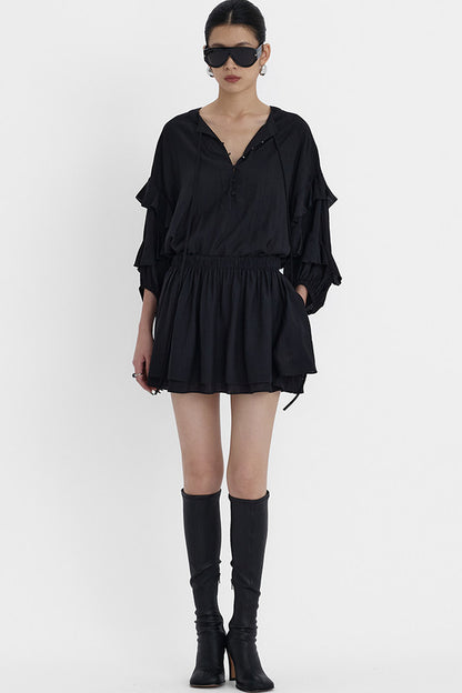 Black V-Neck Ruffle Lantern Sleeve Dress