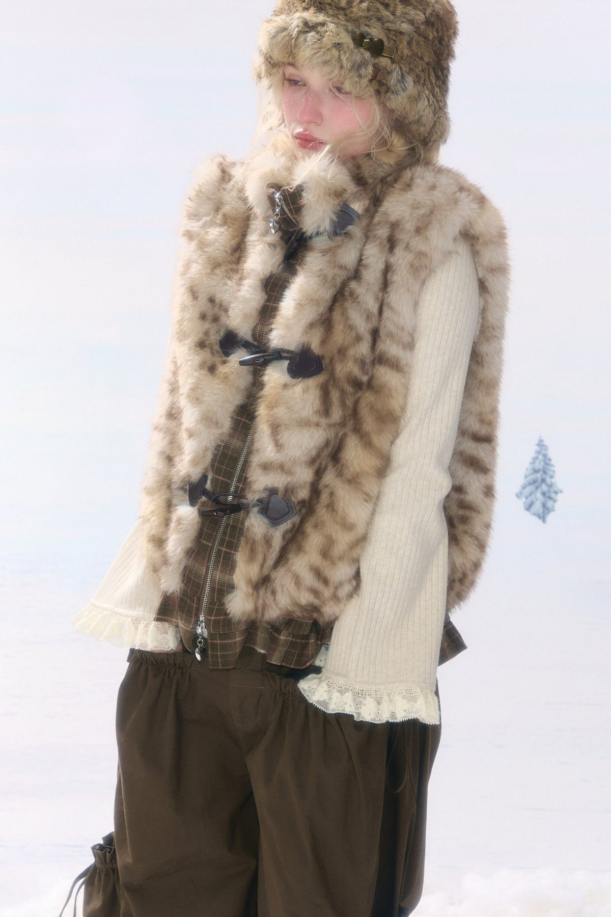 Plush Patchwork Plaid Leopard Horn Button Jacket