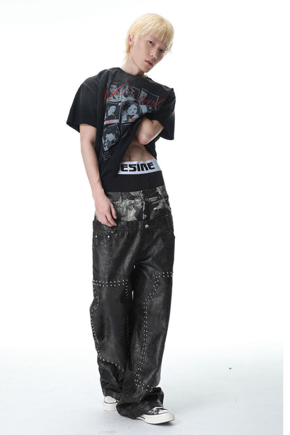 Camouflage Wax-Coated Distressed Denim Pants
