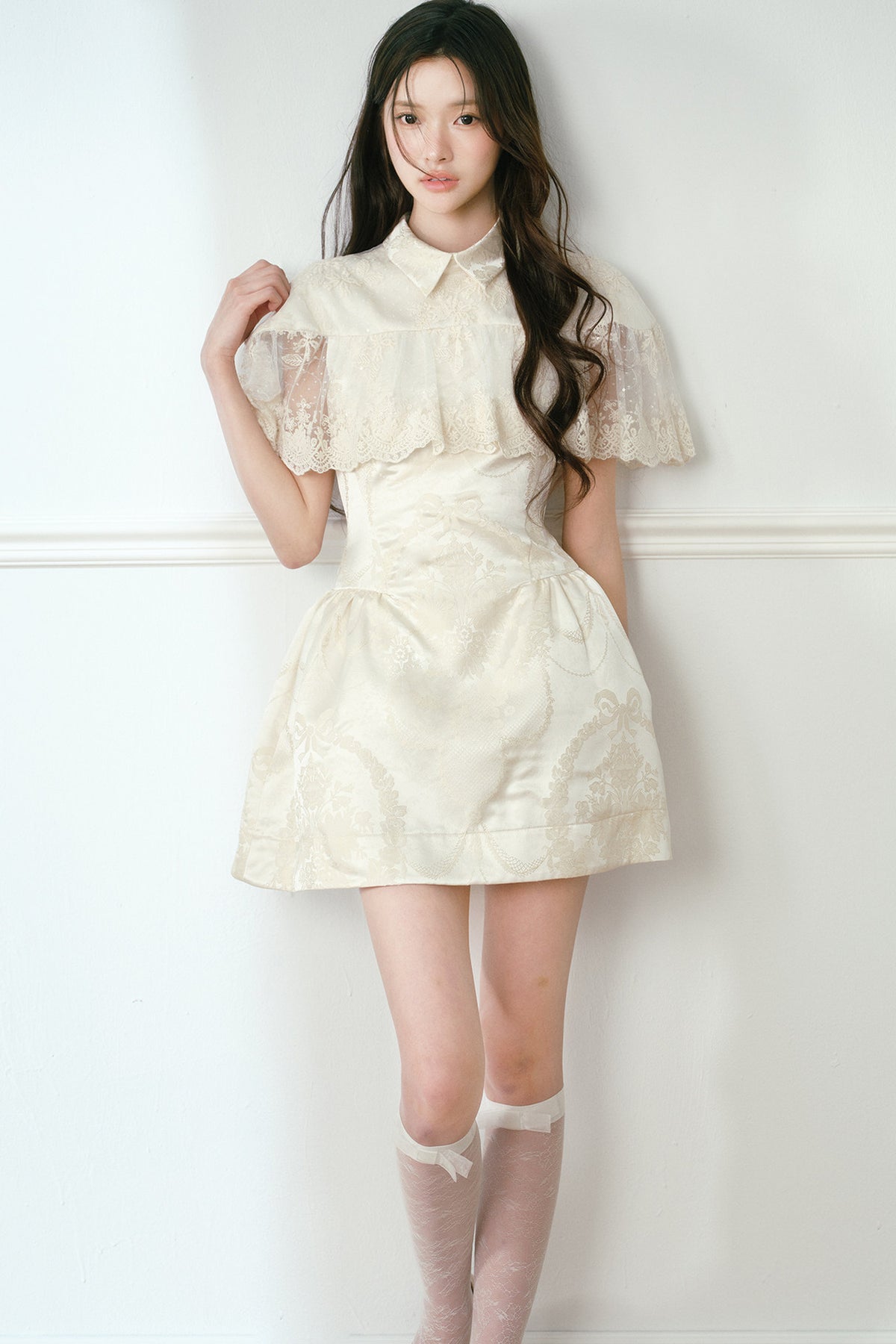 Champagne Satin Jacquard Cape-Style Puffy Dress