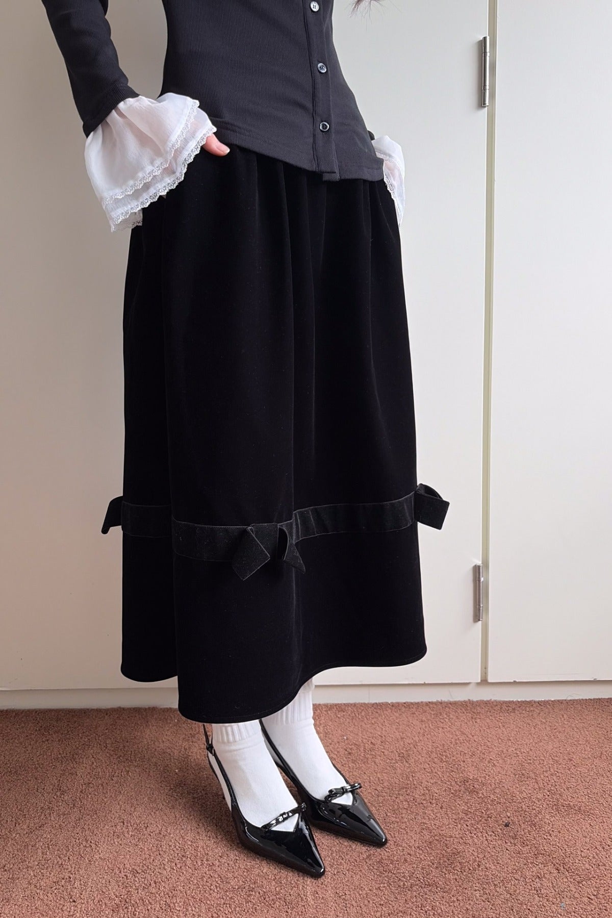 Black Velvet Bow Tie Midi Skirt