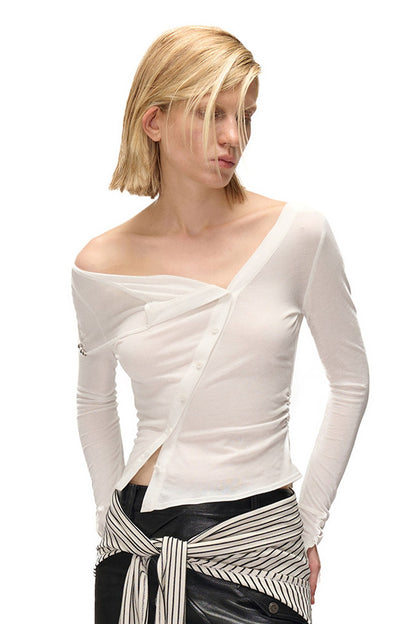 High-Elastic Diagonal Placket Long-Sleeve T-Shirt
