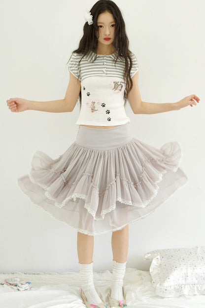 Cat Print Faux Two-Piece Knit Top