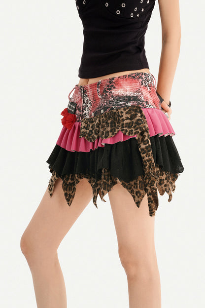 Y2K Leopard Patchwork Ruffle Skirt