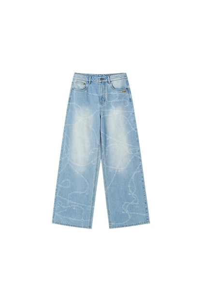 Washed Laser Print Denim Pants