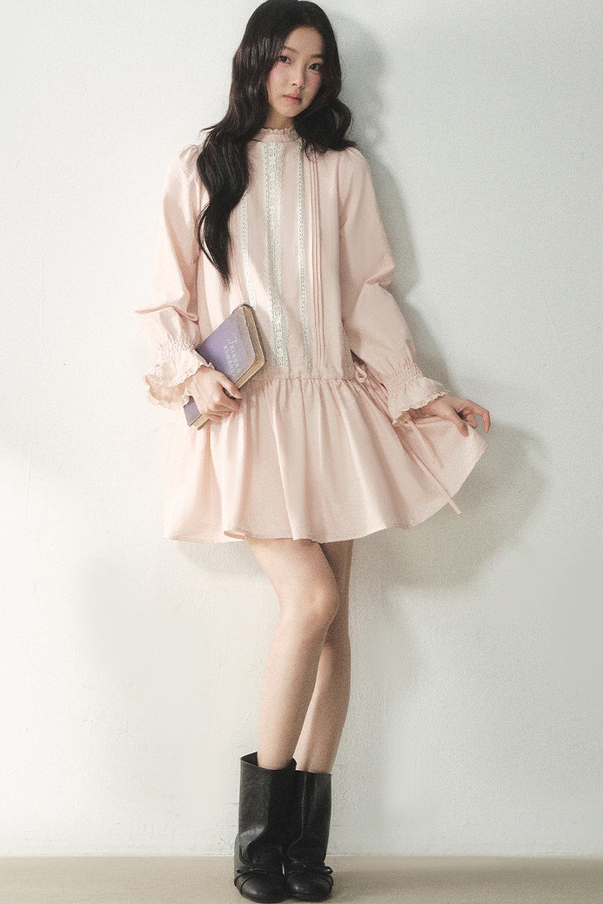 Lace High Collar Ruffle Dress