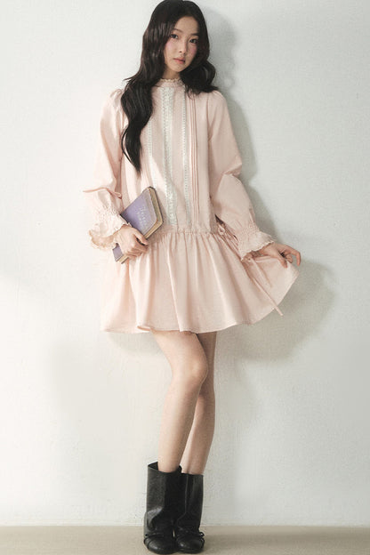 Lace High Collar Ruffle Dress