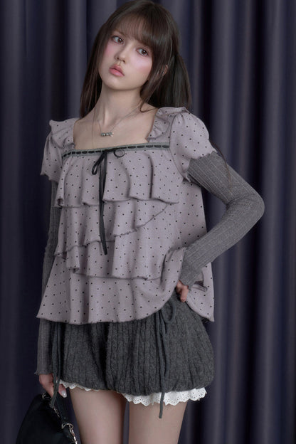 Gray-Purple Cake-Style Ruffle Long-Sleeved Knit Top