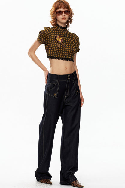 Yellow and Black Plaid Puff Sleeve Top