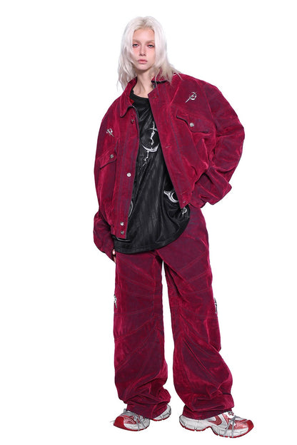 Red Ray Structure Velvet Loose Fit Jeans