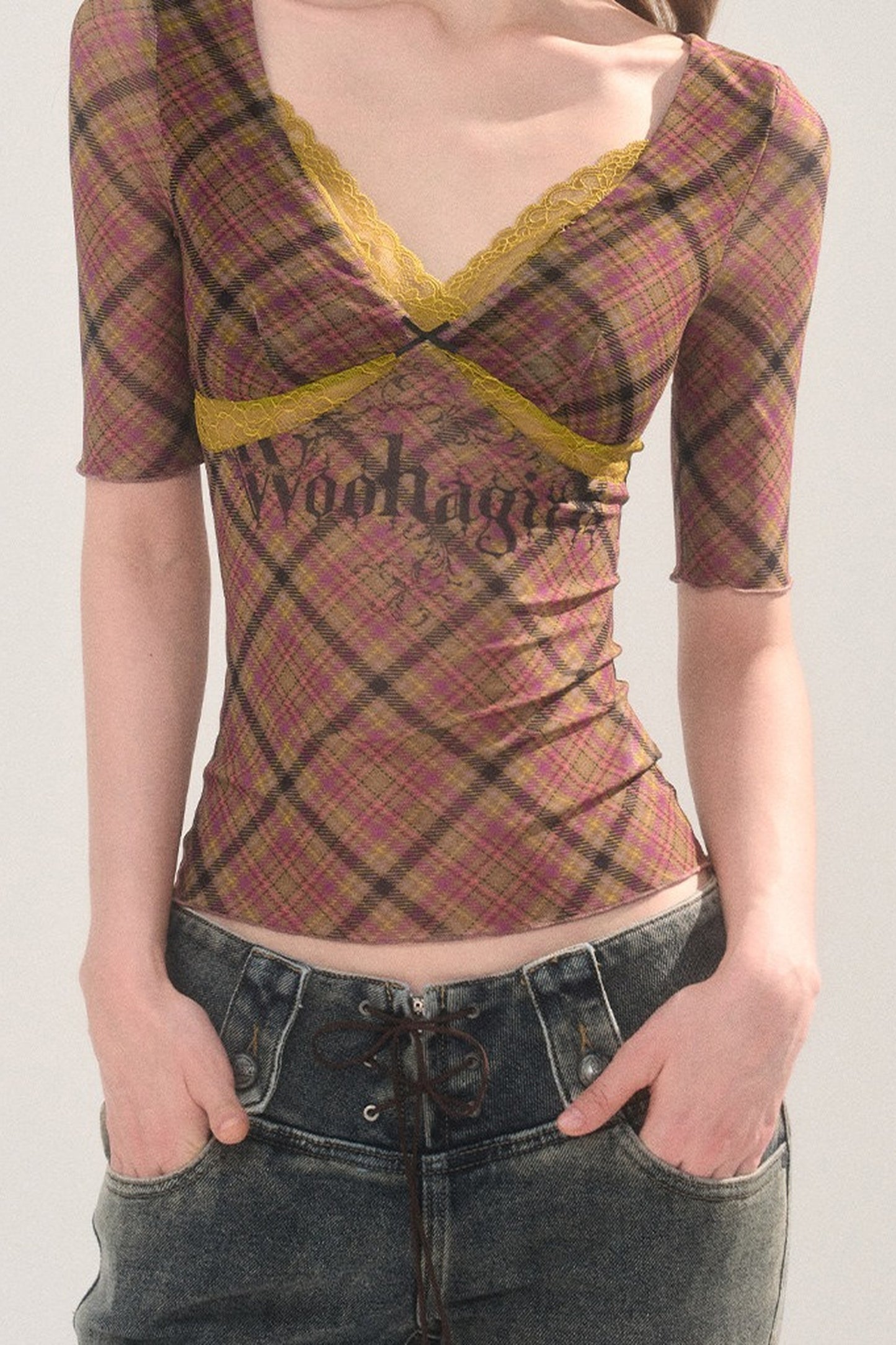 Plaid Mesh Chest Pad Top