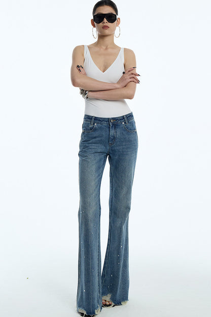 Frayed Hem Washed Blue Rhinestone Micro-Flared Jeans
