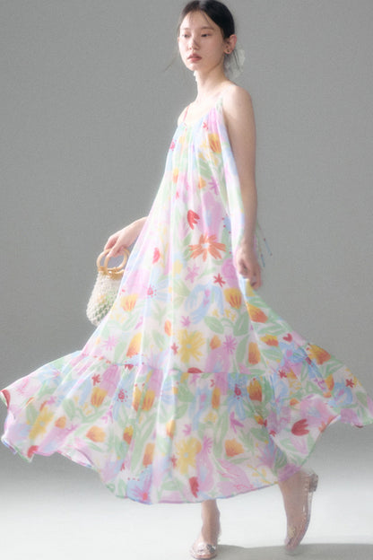 Hand-Painted Watercolor Flower Print Strap Dress
