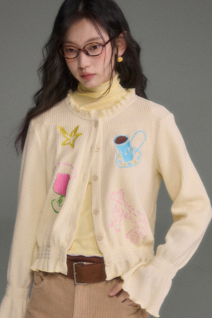 Hand-Painted Embroidered Bell-Sleeve Knit Cardigan