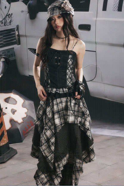 Plaid Splicing Ruffled Denim Camisole Top