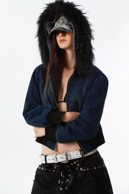 Reversible Distressed Denim Fur Collar Jacket