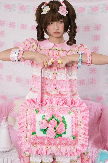 Rose Cake Ruffle Handheld Crossbody Tote