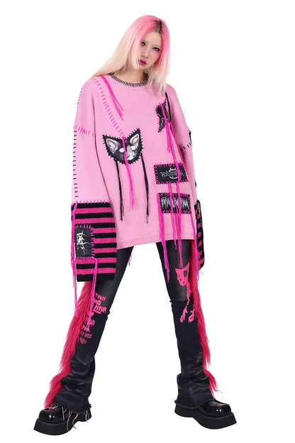 Cat Patchwork Striped Sweater