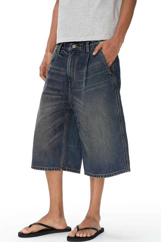 Pleated Distressed Denim Shorts