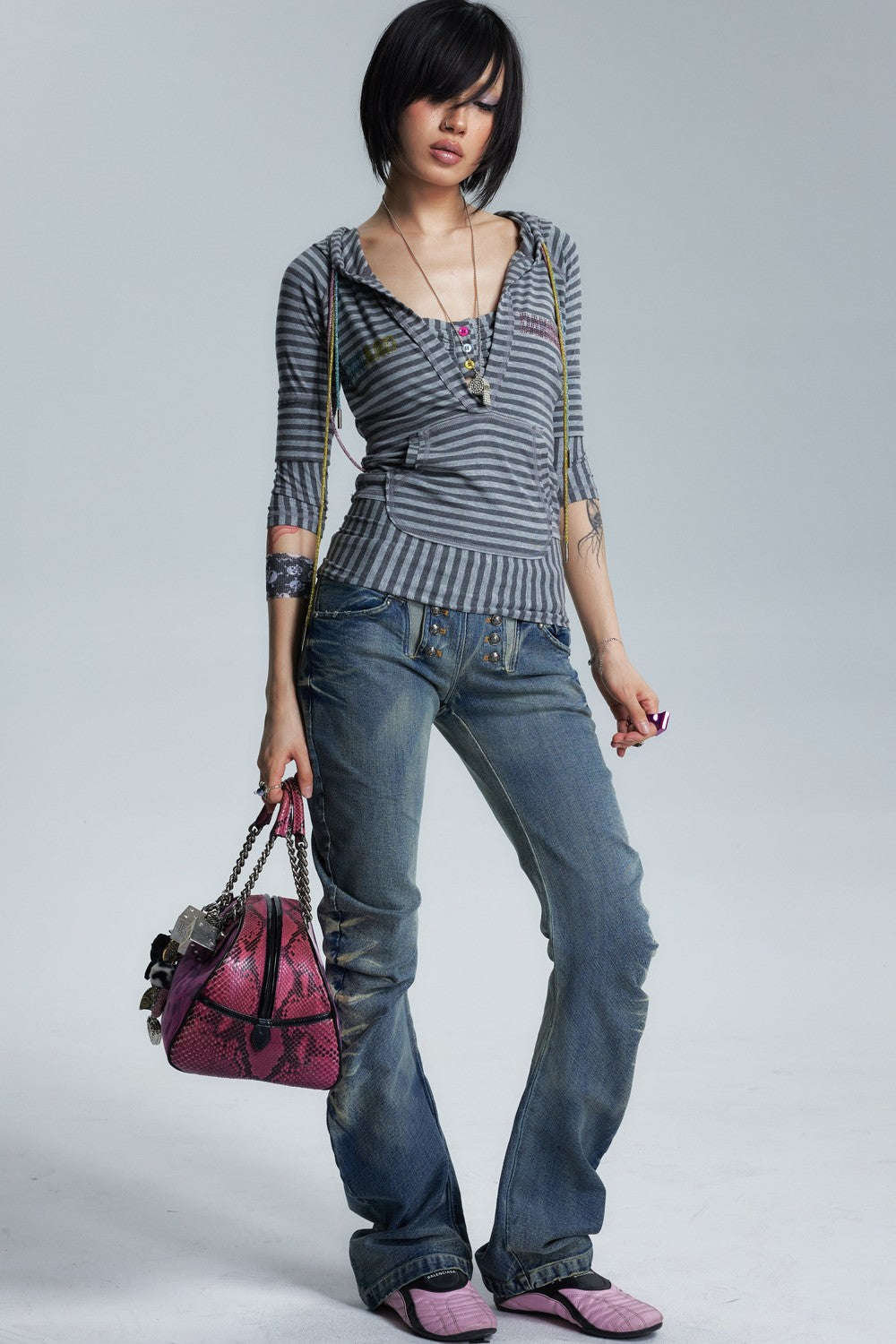 Divine Asymmetrical Frayed Striped Mid-Sleeve T-Shirt