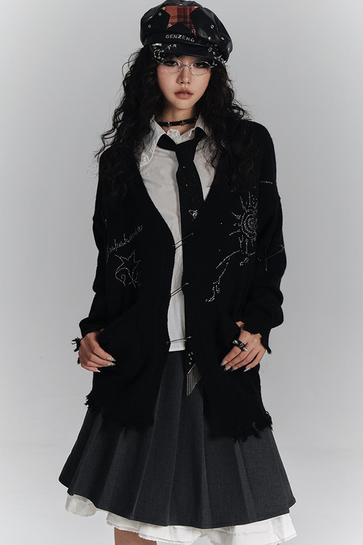 Irregular Ripped Pin V-Neck Knitted Cardigan