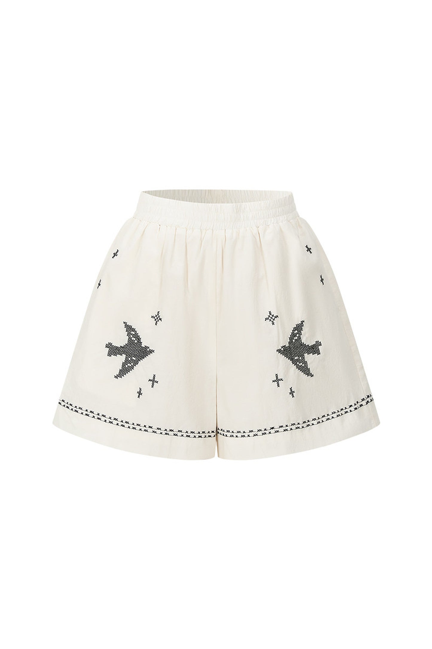 Bird Embroidered Cotton Linen Cardigan And Shorts Set-Up