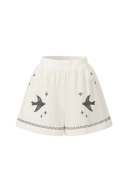 Bird Embroidered Cotton Linen Cardigan And Shorts Set-Up