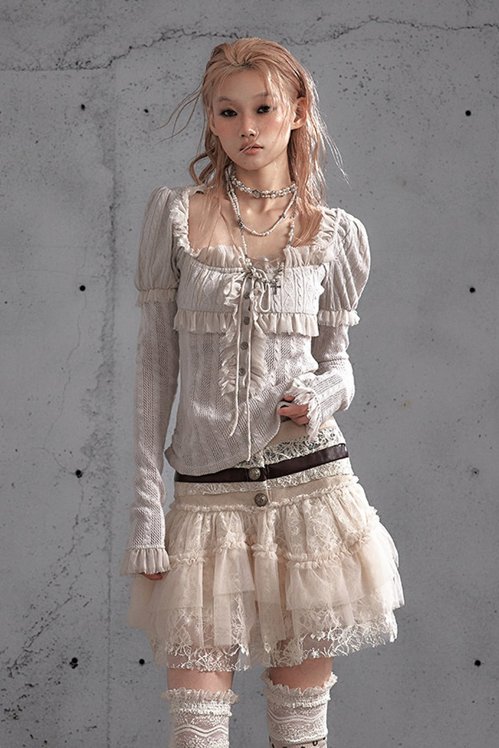 Lace Patchwork Pleated Multi-Layered Puffy Skirt
