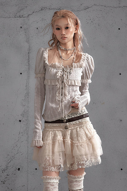 Lace Patchwork Pleated Multi-Layered Puffy Skirt