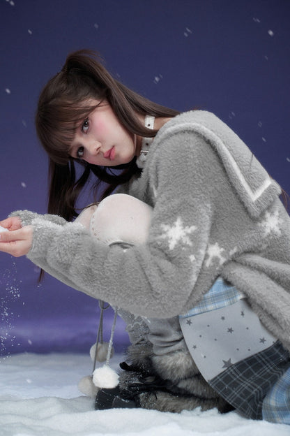 Gray Faux Mink Fur Sailor Collar Sweater