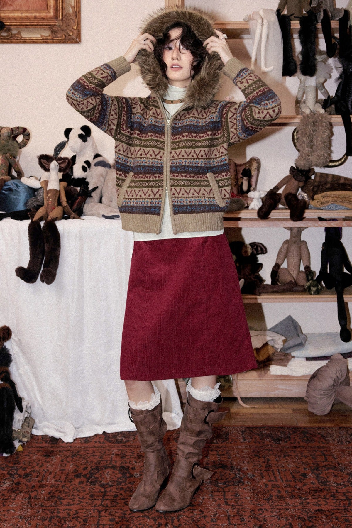 Hooded Fair Isle Wool Cardigan