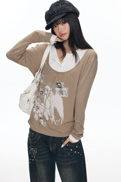 Brown Layered-Look Long Sleeve T-Shirt