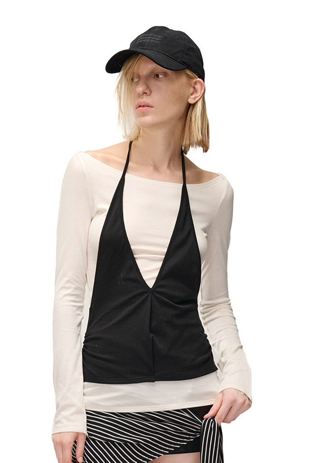 Lyocell Halter Neck Layered-Look T-Shirt