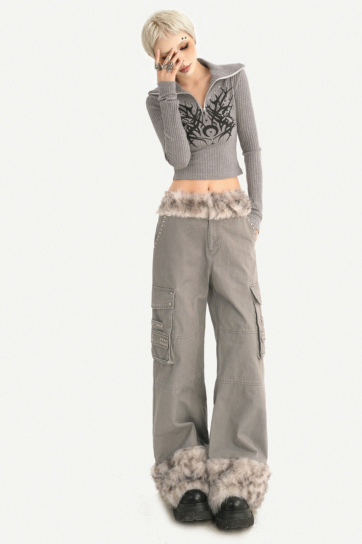 Leopard Plush Patchwork Wide-Leg Straight Workwear Pants