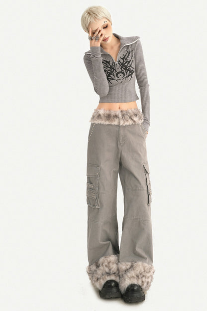 Leopard Plush Patchwork Wide-Leg Straight Workwear Pants