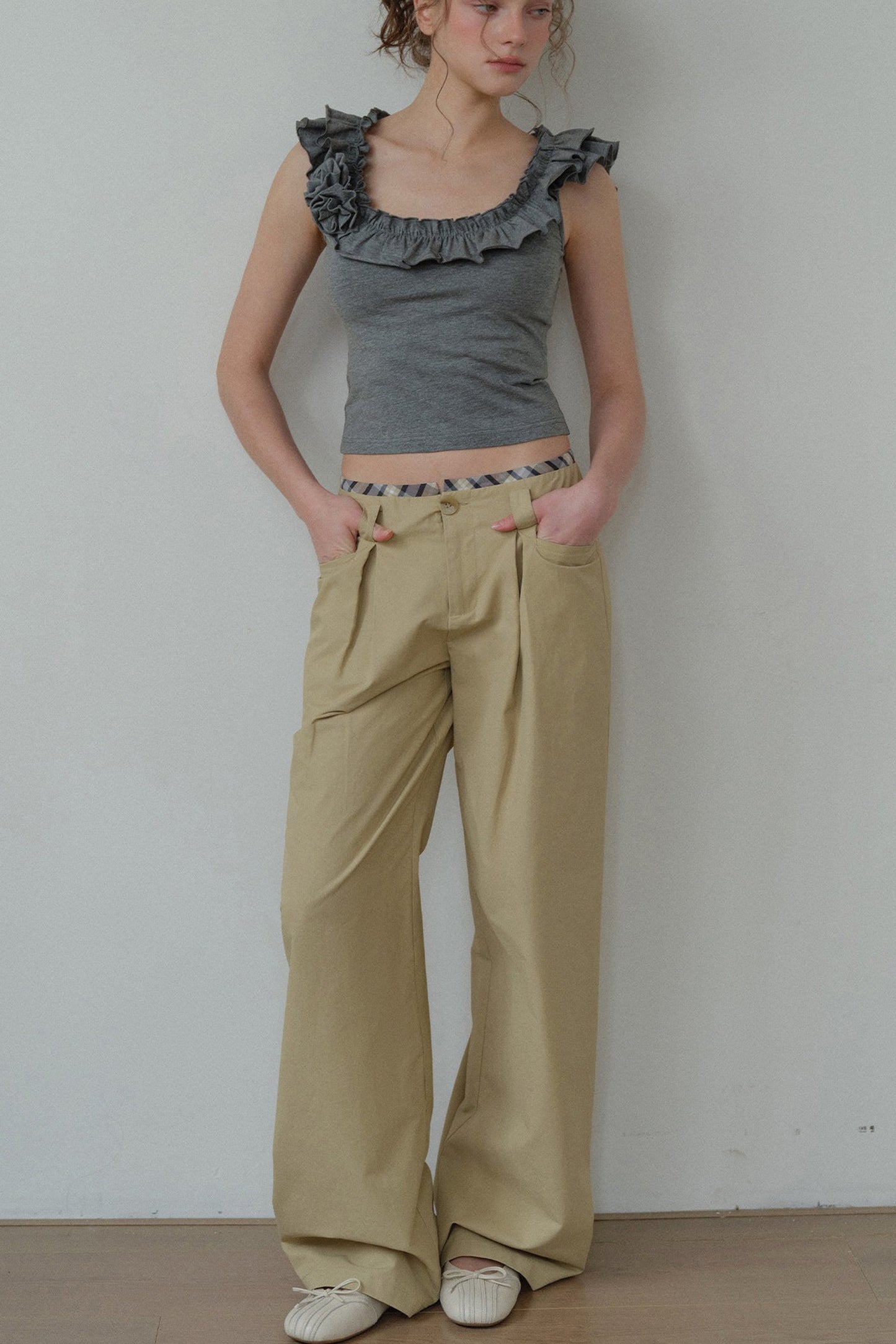 Khaki Plaid Waist Pleated Wide Leg Pants