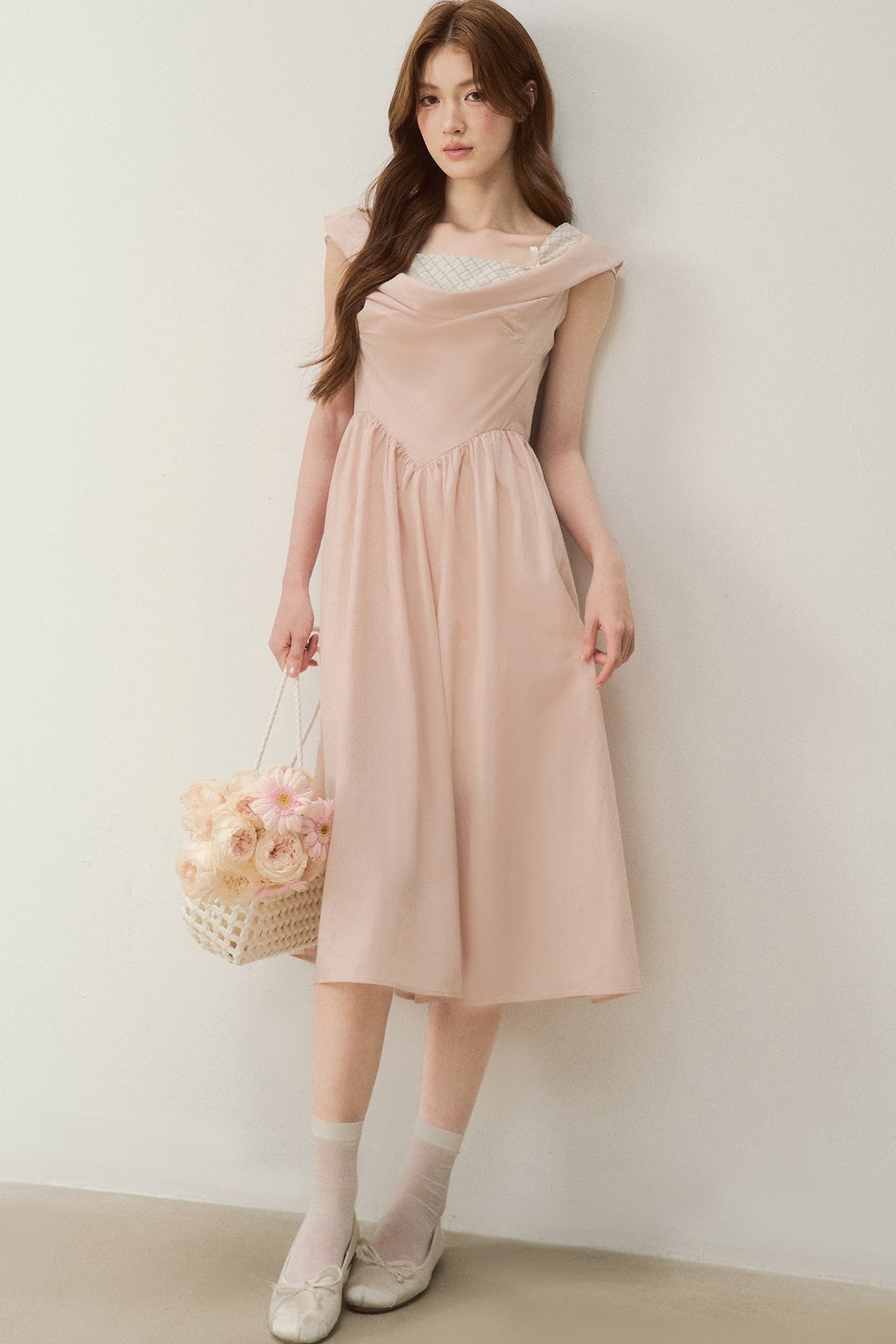 Robe évasée à col en lyocell à carreaux
