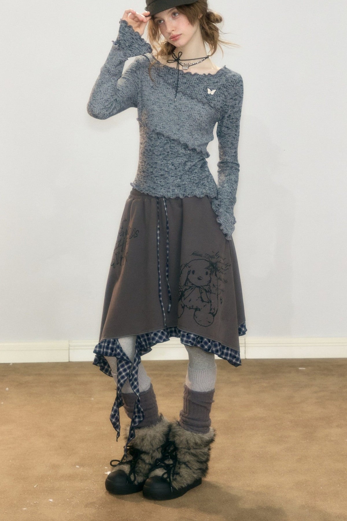 Plaid Graffiti Rabbit Irregular Hem Skirt