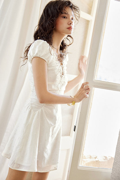 White Ruched V-Neck Short Dress