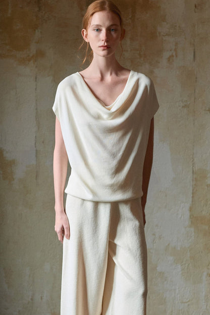 Off-White Silk Boat Neck Top