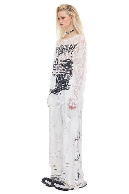 Loose Ripped Lace Cat Print Tee