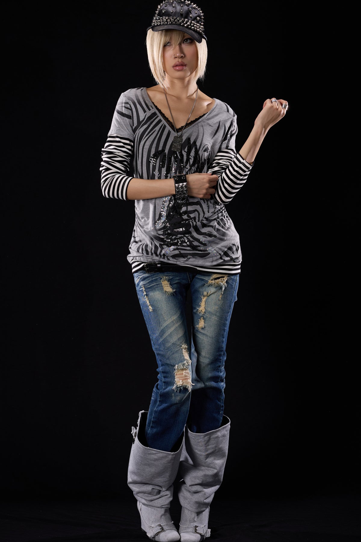 Zebra Print Layered-Look Long Sleeve T-Shirt